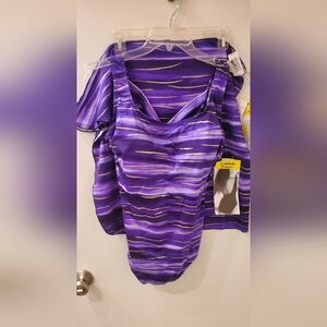 Longitude Plus 18W Purple Striped Swimsuit Set With Short Pareo Skirt NEW